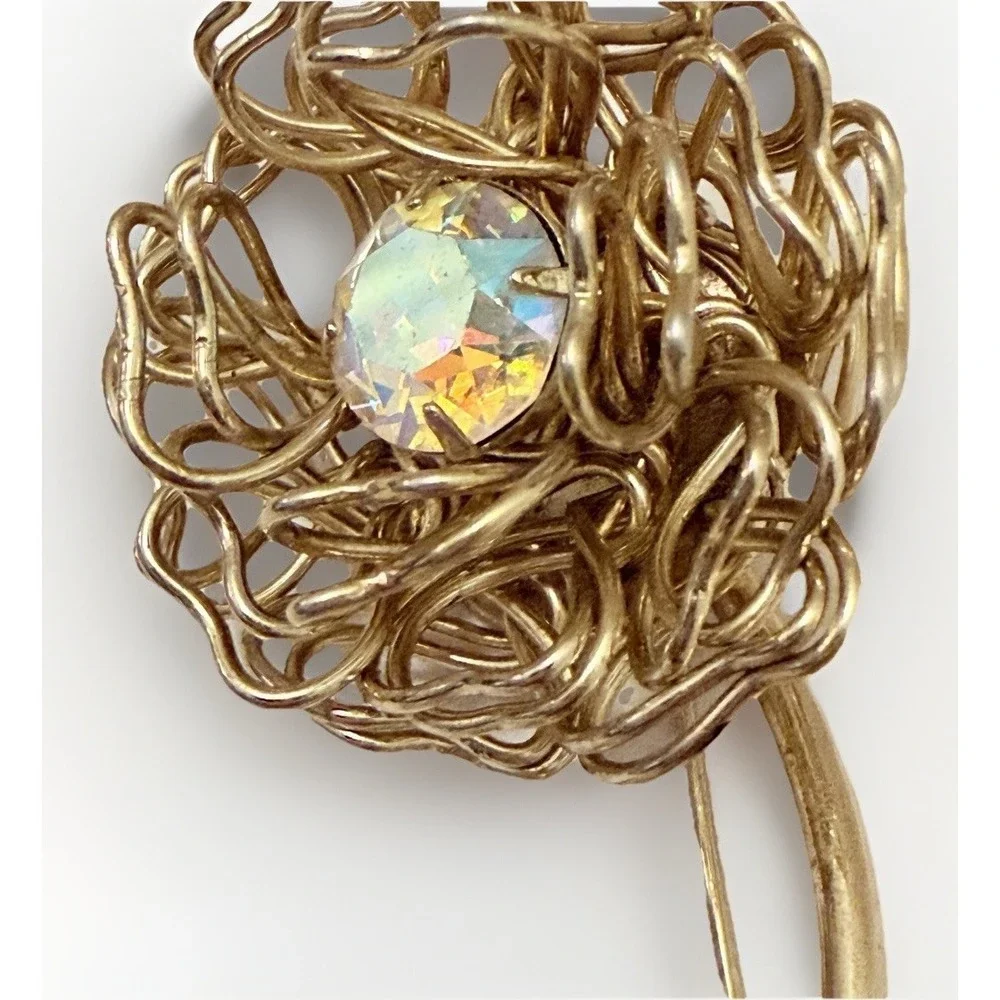 Vintage Brooch MCM Flower Heart Aurora Borealis Rhinestone Fashion Gold Large 3